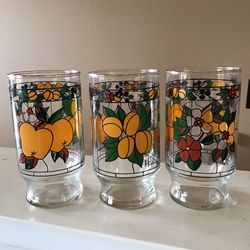 Vintage Retro Anchor Hocking Hildi Fruit & Blossoms Tumbler Glasses (Set of 3)
