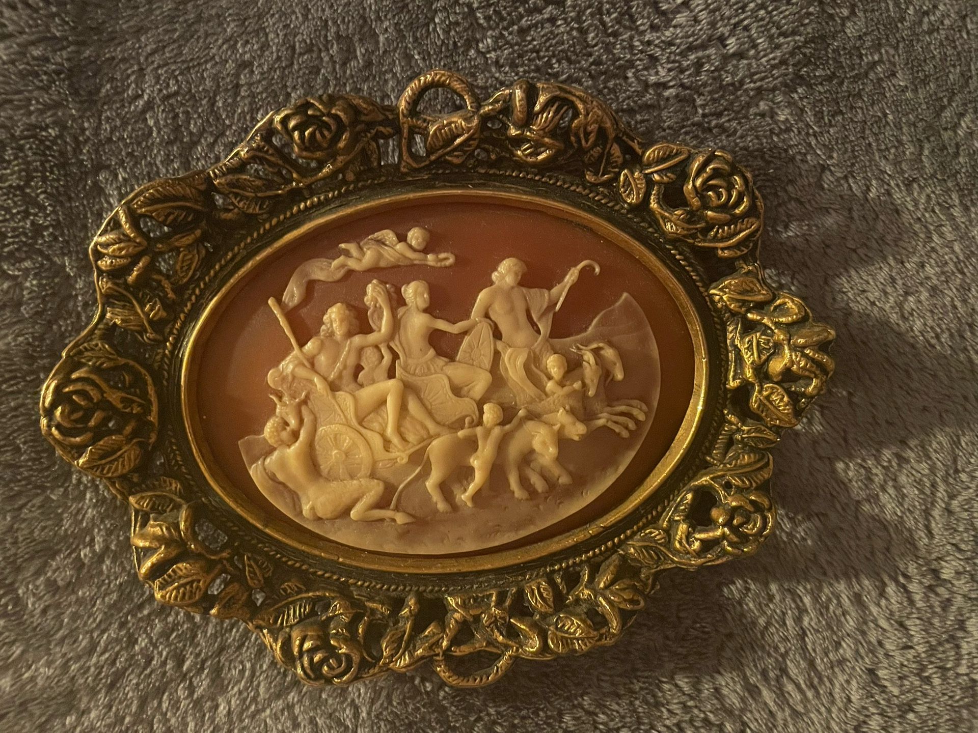 Carved Multi-Figure Cameo (Mid-Century) Set In Ornate Gold Tone Brass Frame with Backing