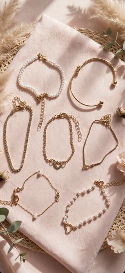 7pc Gold Bracelet Set – Pearl, Heart & Tennis Bracelets – Dainty Stack