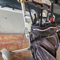 Golf Bag, Roll Cart, Clubs, and Balls