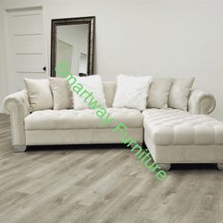 Sectional Velvet  White Tufted New Box 