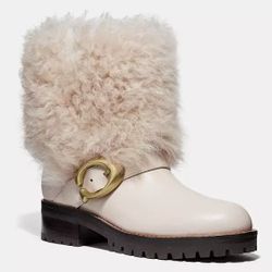 Coach Leighton Bootie Chalk White Buckle Shearling leather boots NWOB 37.5 7