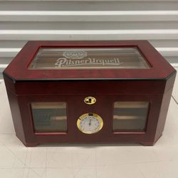 Pilsner Urquell Cigar Humidor Wood Box Glass Top Hygrometer Lockable Display