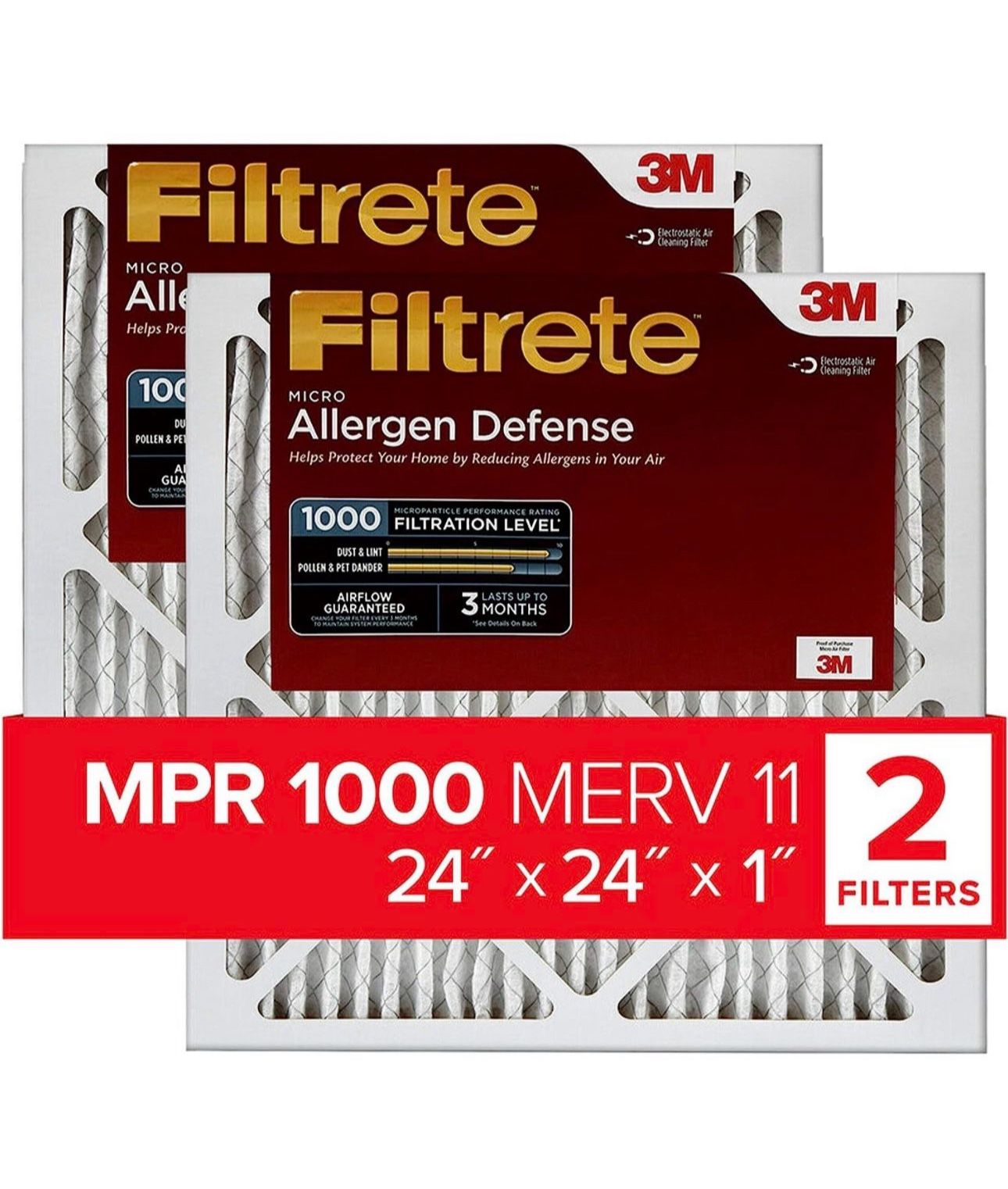 Filtrete 24x24x1, AC Furnace Air Filter, MPR 1000, Micro Allergen Defense, 2-Pac