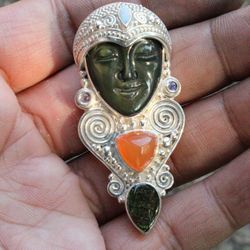 Signed Sajen Sterling Silver 925 Multi Gemstone Goddess Face Pendant Brooch