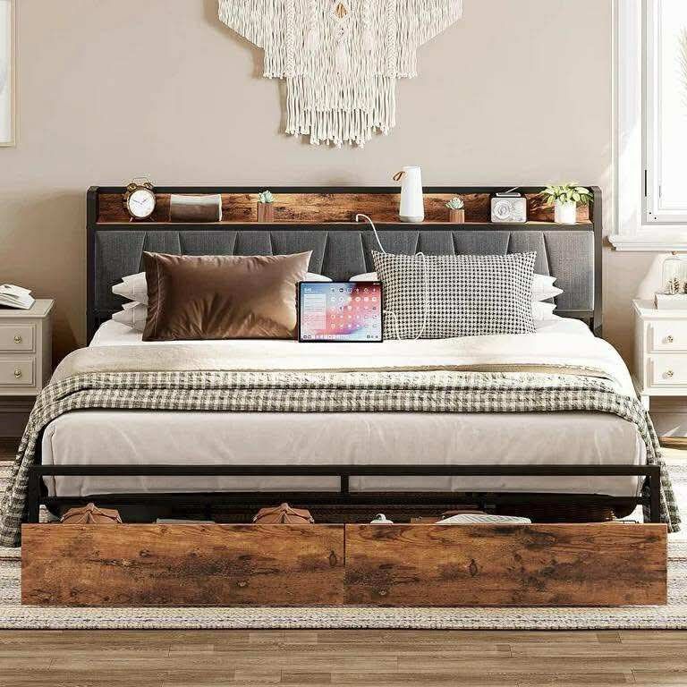 King Metal Bed Frame with 2 Storage Drawers, Sturdy, Vintage Brown