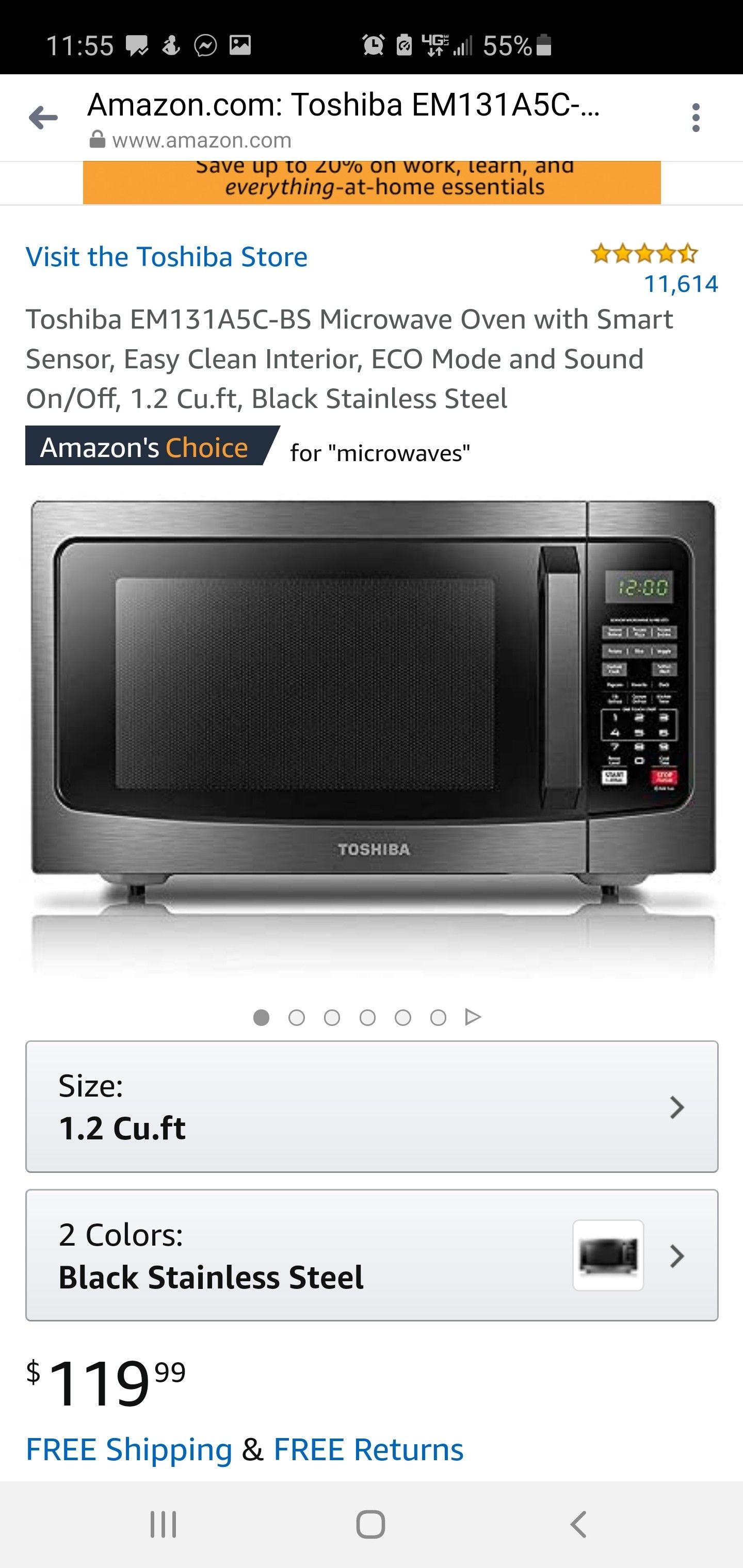 Toshiba EM131A5C-BS Microwave Oven with Smart Sensor, Easy Clean Interior, ECO Mode and Sound On/Off, 1.2 Cu.ft, Black Stainless Steel
