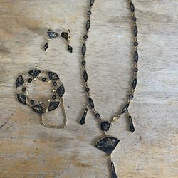 VINTAGE JAPANESE ENAMEL DAMASCENE FAN LINK NECKLACE BRACELET EARRINGS SET K24