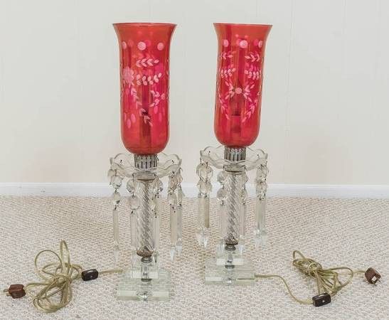 BEAUTIFUL PAIR OF VINTAGE CRANBERRY CUT TO CLEAR MANTLE LUSTER LAMPS