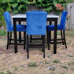 Counter Height Dining Table W/ 4 Velvet Stool Chairs