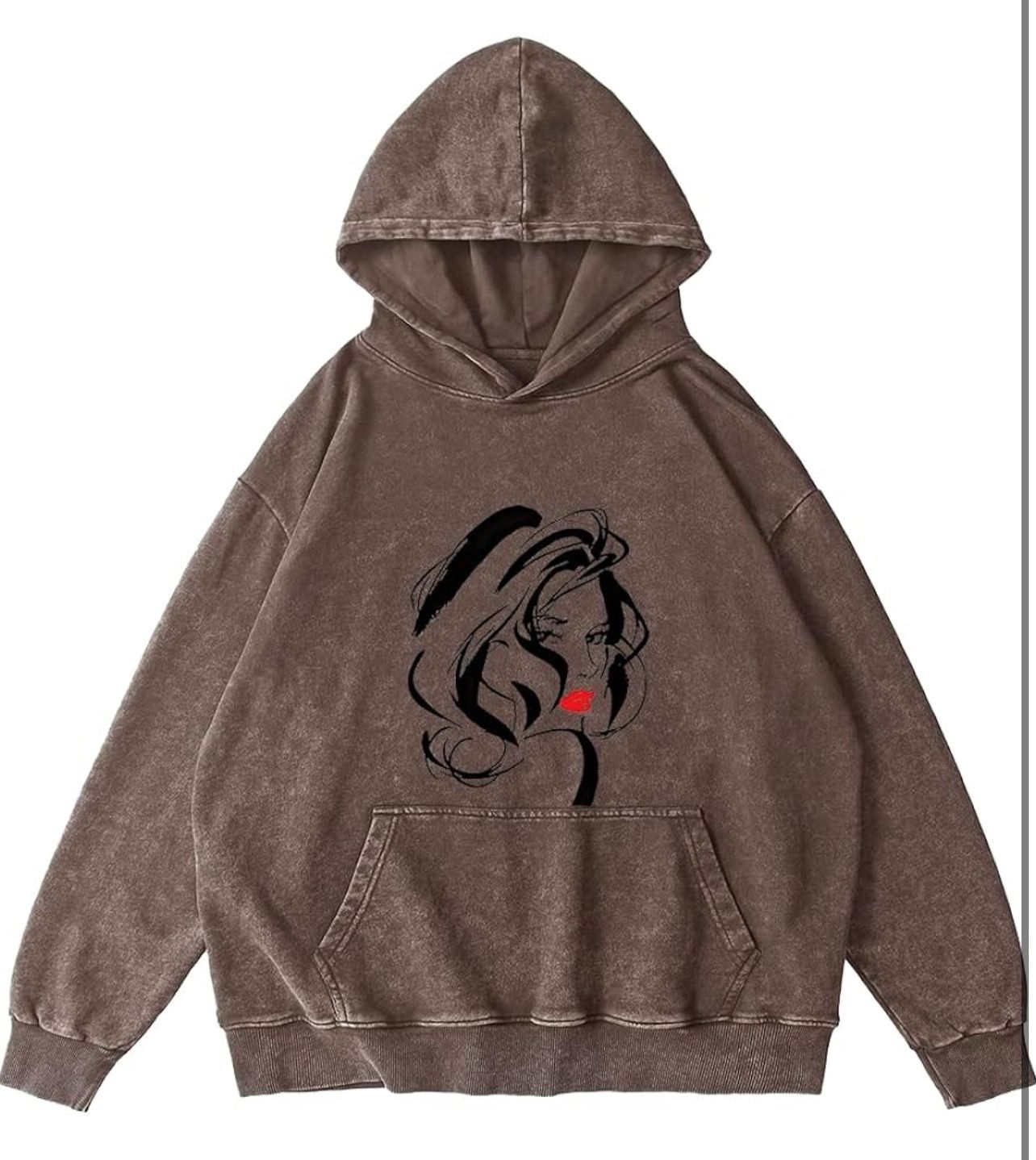 Xl size 80% cotton Unisex Vintage Washed Hoodie with Artistic Inked Red Lip Print Stylish Hooded Sweatshirt for Trendsetters