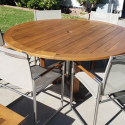Teak patio set, Janus et Cie 65" table, 6 Harbour Outdoor stainless steel chairs, Teak Coffee Table 