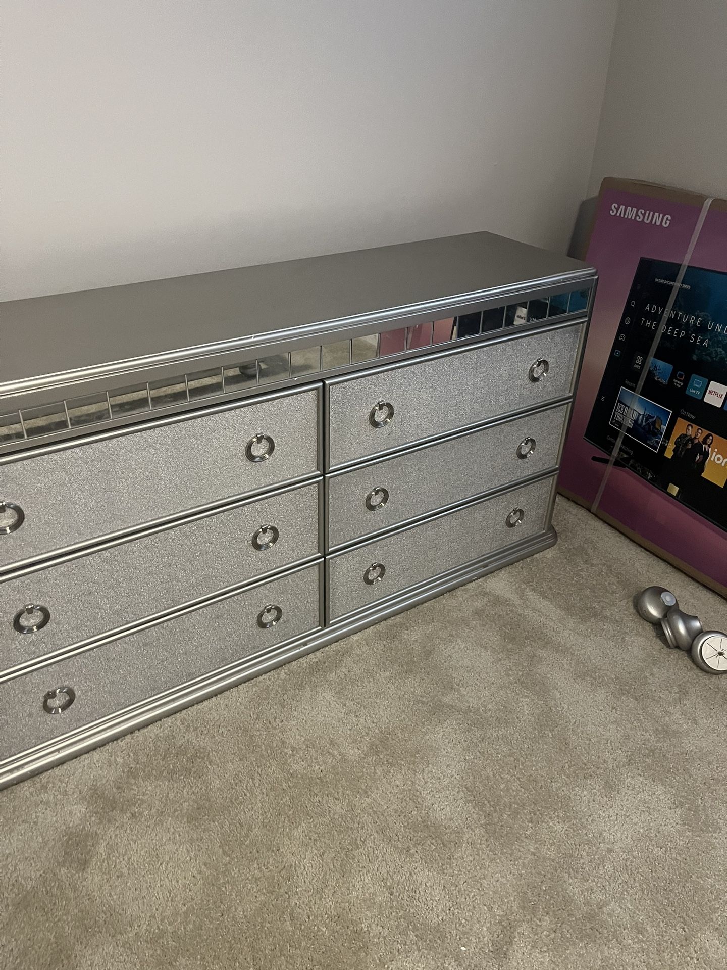 big lots silver dresser Furniture of America Seabliss Silver Glam 9 Drawer 62 in. Wide Dresser With Mirror IDF-7416SV-DM