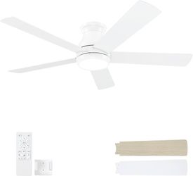 52 Inch White Ceiling Fans with Lights and Remote,LED Low Profile Flush Mount Ceiling Fan for Bedroom,Living Room, with Quiet DC Motor,Dimmable 6 Spee