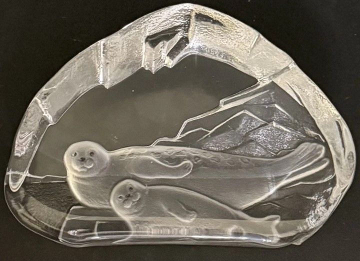Nybro Sweden Art Clear Frosted Glass Signed Paperweight Baby Seal Mama Sea Lions