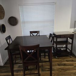 All Wood Pub Table Set with 4 Chairs + Matching Granite Top Bar Cart. Mahogany Finish. $125