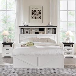 Queen Bed Frame Farmhouse with 52" Storage Bookcase Headboard, 4 Drawers Wooden Bed Frame, LED Light, Charging Station - White