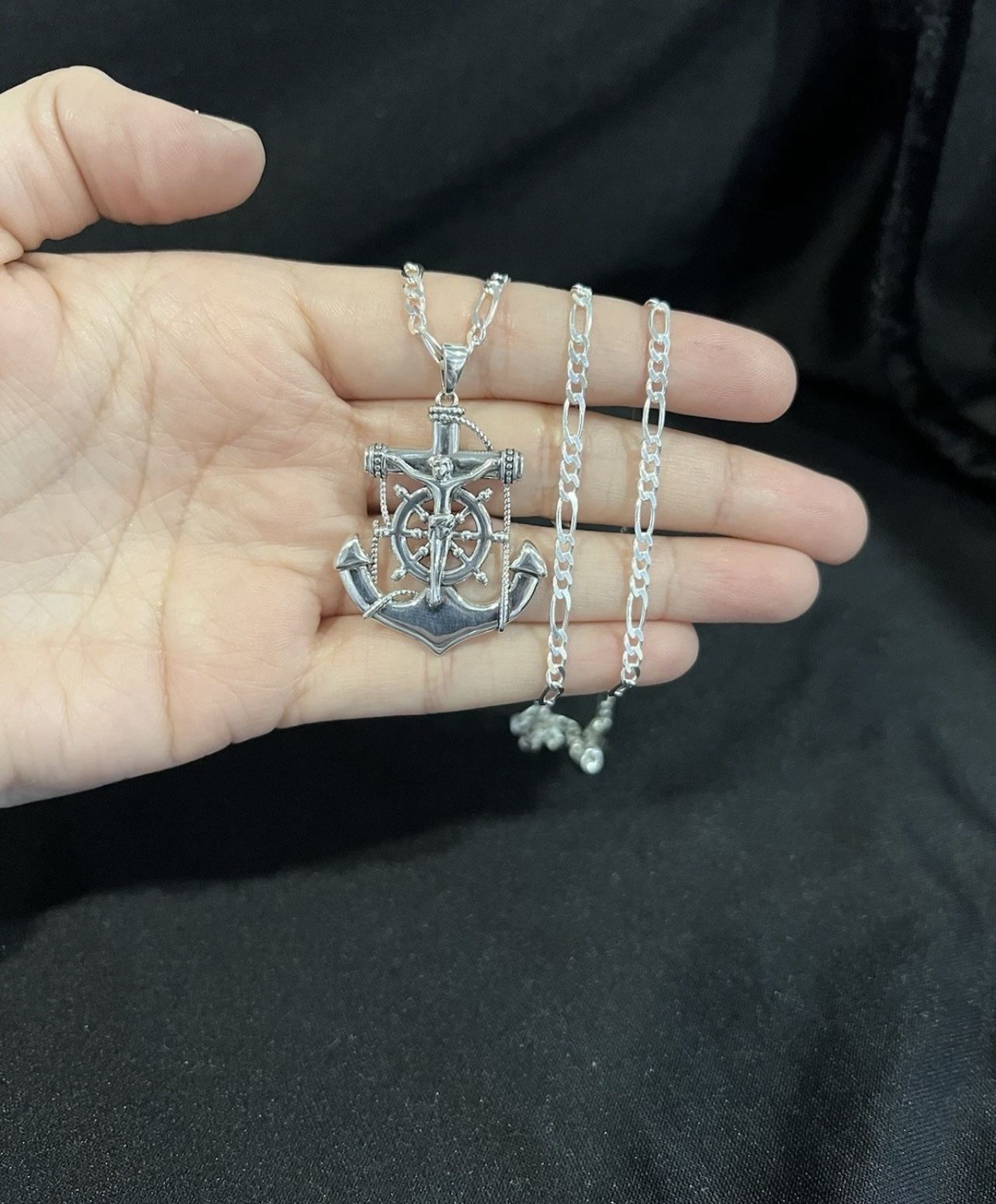 925 Sterling Silver Men Jesus God Crucifix Anchor Pendant & Figaro Chain
