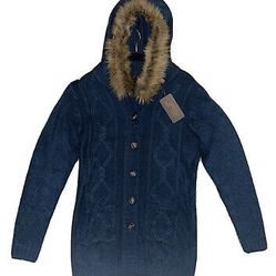 Kian D LA Blue Knit Hooded Fur Sweater W/ Buttons & Dual Pockets Women’s XL NWT
