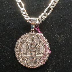 925 Silver Italy Figaro Chain With San Benito Double Sided Pendant