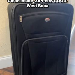 Luggage Large 2wheels, H26.5”, W17”, D9.5~ 13”. Clean inside, ZIPPERS GOOD. West Boca