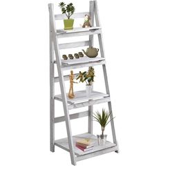 ECOMEX 4-Tier Wood Ladder Shelf, 16.34x13.78x45.67in, 36.10lb Capacity, Folding Plant Shelf for Living Room, Bedroom, Office (White)
