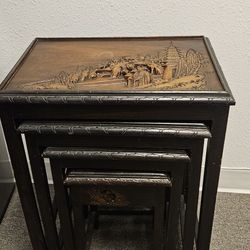 Carved Set Of 4 Hardwood Glass top Nesting Tables