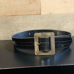 VTG Banana Republic Black Saddle Leather Belt Silver Buckle Studs 34 England