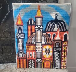 Vintage Large Jerusalem Hadmade Needlepoint Art Crafts Framed Needlework - 25" x 20" x 1"