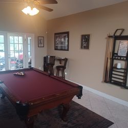 Gorgeous Pool Table Set With Cue Stand and Chairs