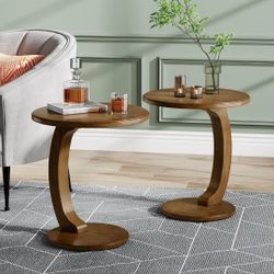 Set Of 2 Tribesigns C-Shaped End Table Set, Wooden Round End/Side Table, Couch Side Table, Mid-Century End Table

