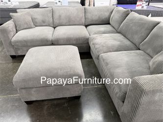 New! Plush Sectional Sofa And Ottoman, Corduroy Sectional, Sofa, Couch, Gray Sectional, Grey Couch, Light Gray Couch, Sectionals, Sofas,L-Shaped Couch