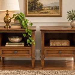 MCM Nightstands Side Tables Pair Drexel Mid Century Vintage Traditional Grandmillennial Wood Project Pieces Retro Solid Wood 