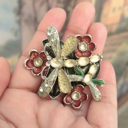 Vintage Multicolor Dragonfly Flowers Brooch Pin - 1980s
