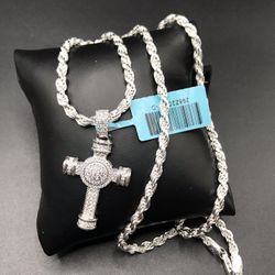 925 Sterling Silver 1.18CT Moissanite Cross Pendant Rope Chain necklace Size 24”