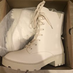 Size 7.5--Coutgo Women's Lace Up Combat Boots Military Ankle Booties No Slip Lug Sole Side Zipper Mid Calf Work Shoes White 7.5