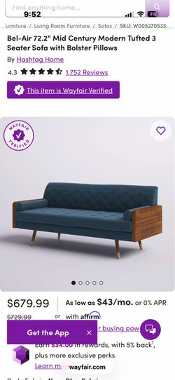 Bel-Air 72.2" Mid Century Modern Tufted 3 Seater Sofa with Bolster Pillows