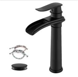 Waterfall Single Hole Tall Spout Bathroom Vessel Sink Faucet With Pop-up Drain Assembly in Matte Black