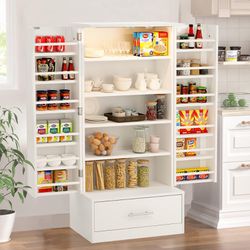 ASSEMBLED BUT NO USED 47'' Pantry Cabinet, Kitchen Storage Cabinet with Drawers and Led Light, Adjustable Shelves for Kitchen, Dinning Room - White
