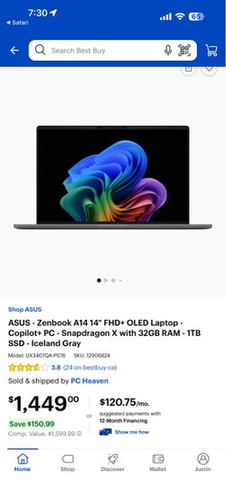 ASUS Zenbook A14 14" OLED Laptop Iceland Gray