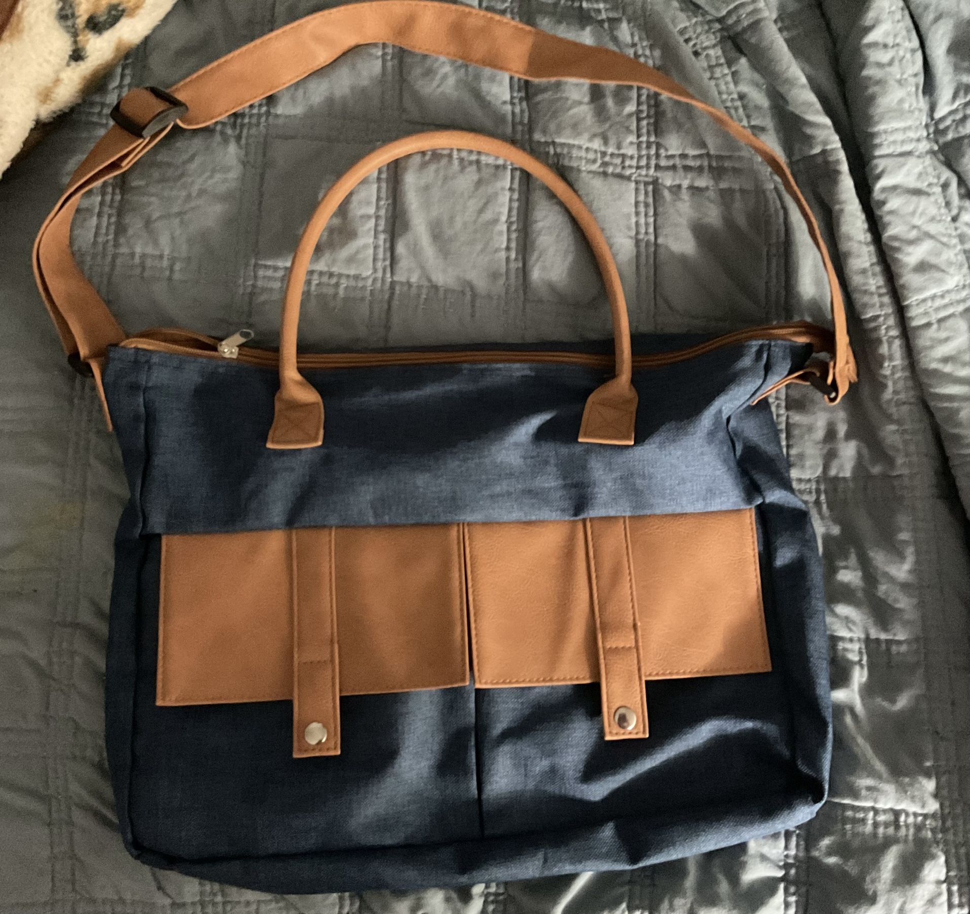 Navy Blue Canvas Brown Faux Leather Shopper Bag