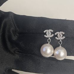 Authentic CC Pearl Crystal Logo Earrings