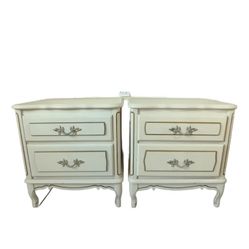 Pair Vintage French Provincial Ivory & Gold Wood Nightstands 