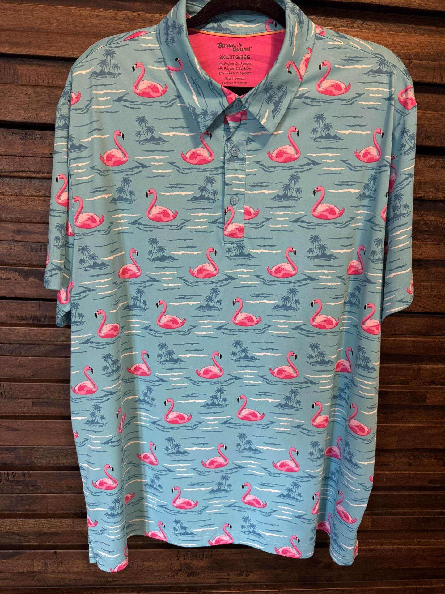 Birdie Bound 2XL XXL Mens Short Sleeve Polo Golf Shirt Blue Pink Flamingo