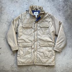 Vintage 80’s Woolrich Parka Puffer Field Jacket Tan  Made In USA with Detachable Hood 