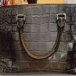 Michael Kors Selma Large Croc-Embossed Leather Satchel - Gray