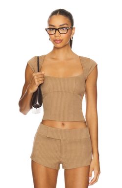 Tan Pinstripe Cap-Sleeve Corset Top & Shorts Set - XXS