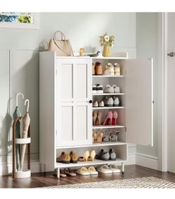 45” Shoe Storage Cabinet w/ Cross Molding Doors, 6-Tier,  with 3 Adjustable Shelves and Metal Legs, White