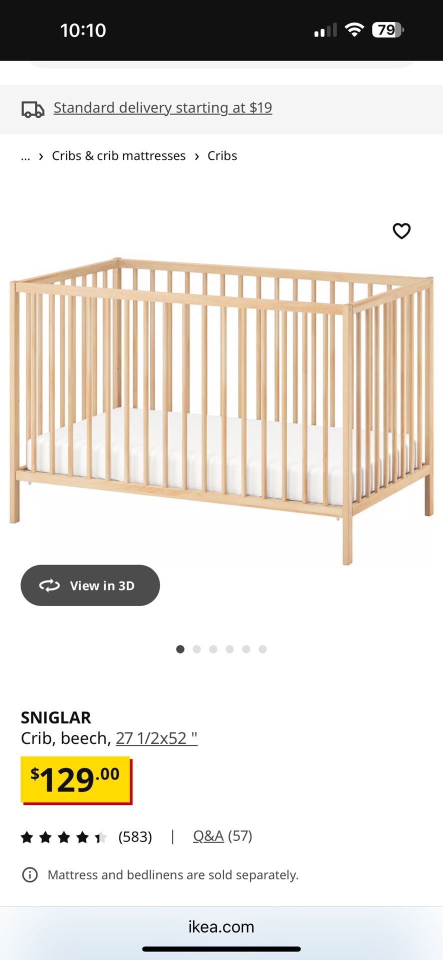 IKEA Crib Baby Crib SNIGLAR Crib, beech, 27 1/2x52 "
