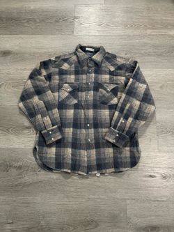 Vintage 1980s Pendleton High Grade Western Wear Pure Virgin Wool Plaid Pearl Snap Dark Gray/Khaki Button Up Longsleeve Shirt